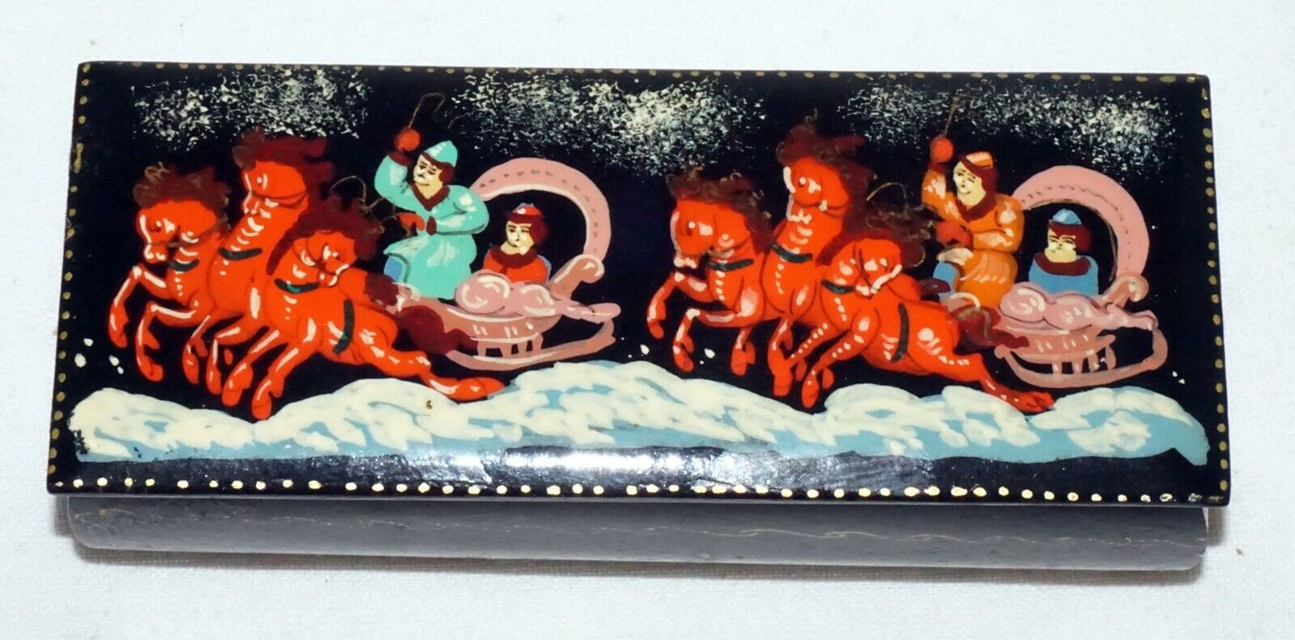 Vintage Russian Lacquer Box Two Horse Drawn Sleighs & Figures signed (AHB)