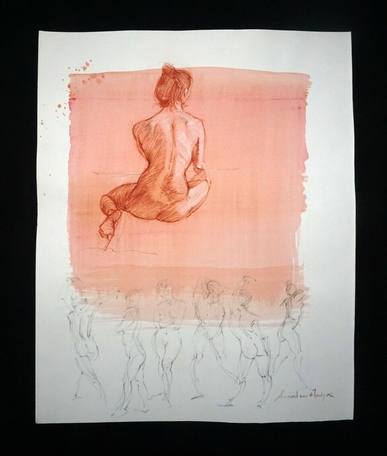 Hawaii Mixed Media Wash Painting Seated Female Nude Back Snowden Hodges(Sho)#106