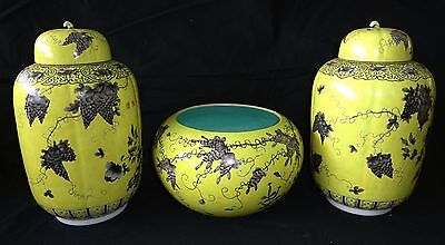 3PC Chinese Grisaille Decorated Yellow Ground Dayazhai Jars & Bowl (Geo) IC