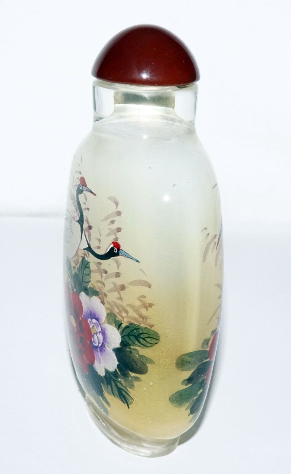 Vintage Chinese Reverse Painted Glass Snuff Bottle w. Birds & Flowers (LeS)