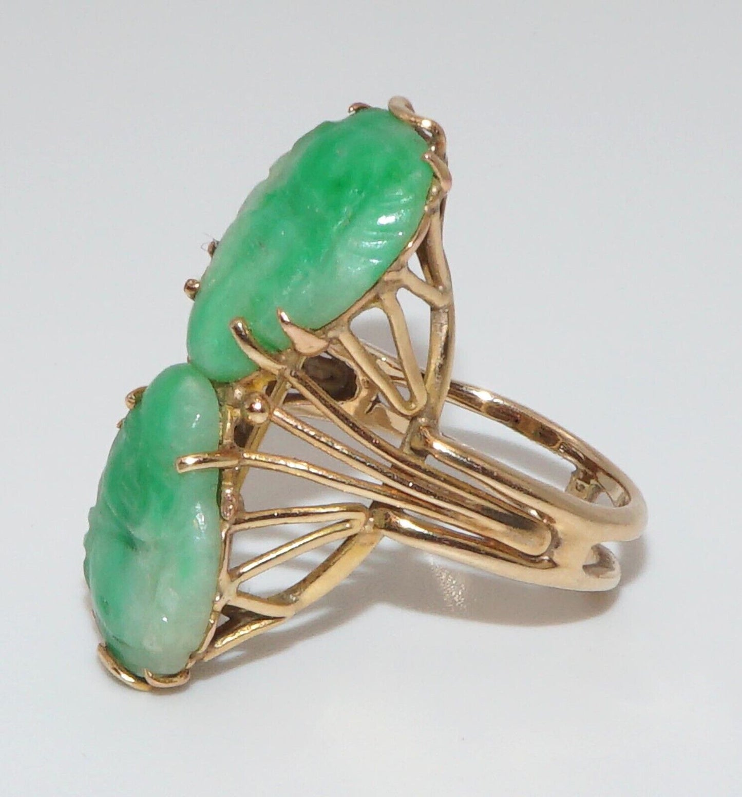 14k Gold Wireframe Ring w 2 Buddha Shaped Apple-Green Jades Sz. 7 1/2 (ArS)