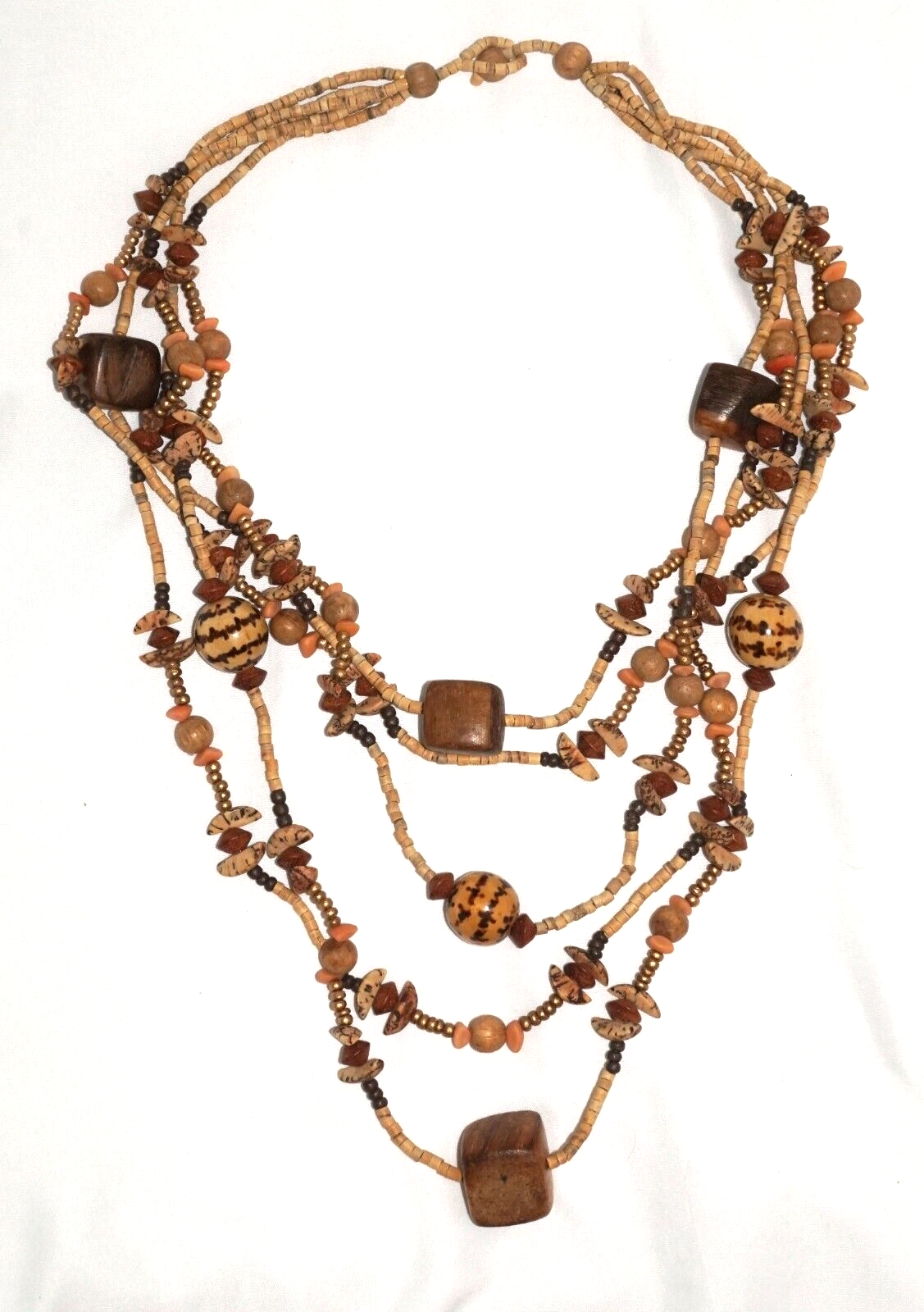 Multi Strand Coconut Shell & Wood Bead Ethnic Necklace & Earring Set (MaM)9