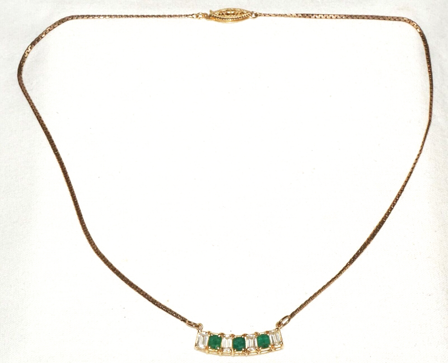 Vintage 14k Yellow Gold Necklace w. Bar Pendant 3x Emeralds & 4x CZ's (GoB) #29