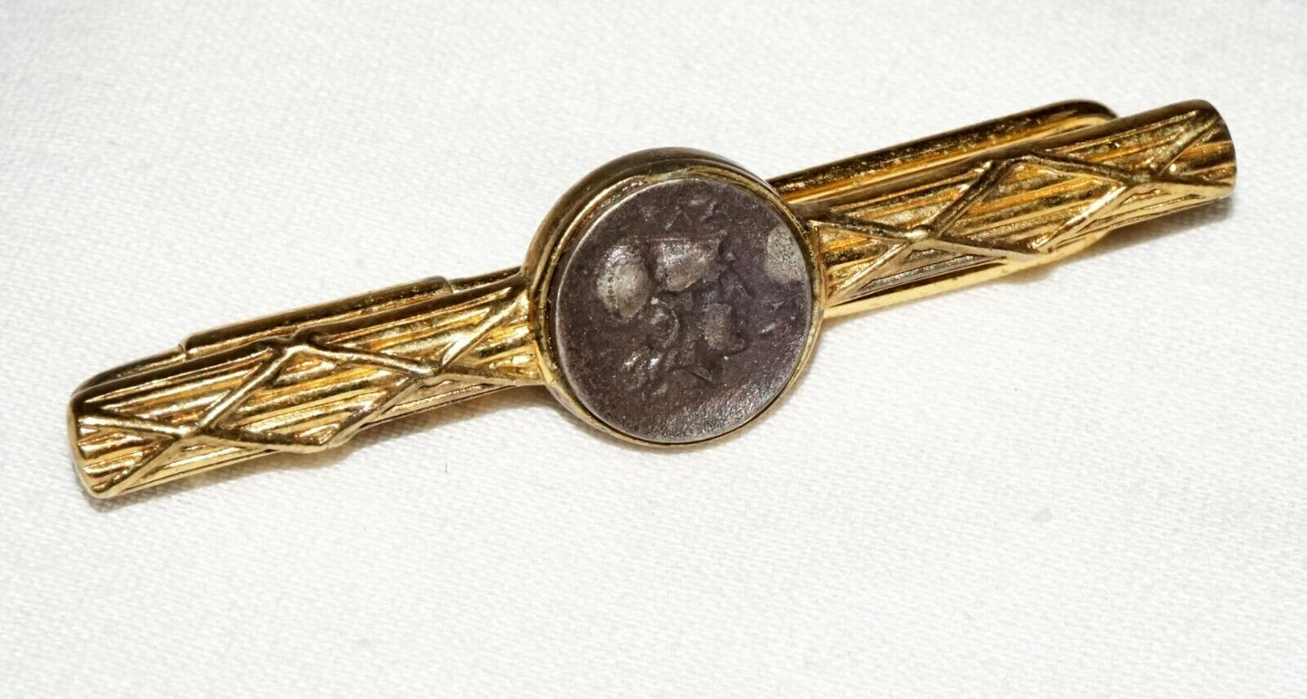 Vintage Gold Plated Sterling Silver Tie Bar w. Bezel set Greek Coin Accent (AHB