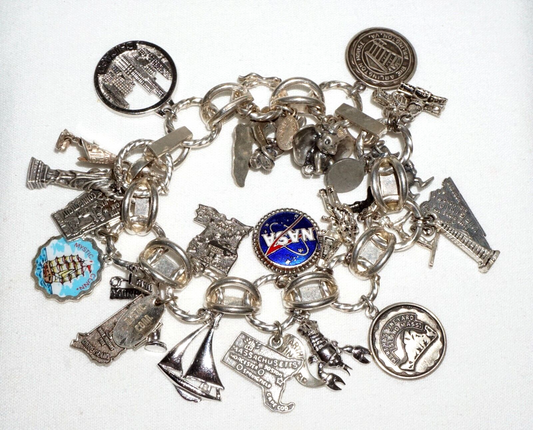 Vintage Sterling Silver Charm Bracelet w. 24x World & Travel Charms (BrM)#6