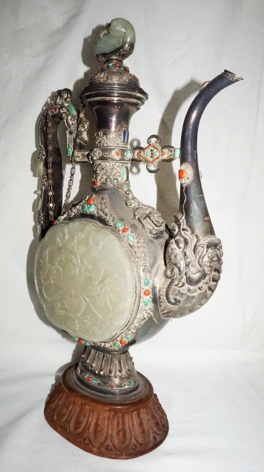 Mongolian Silver Ewer w. White Jade Plaques Dragon Hook Coral Turquoise (LeD)