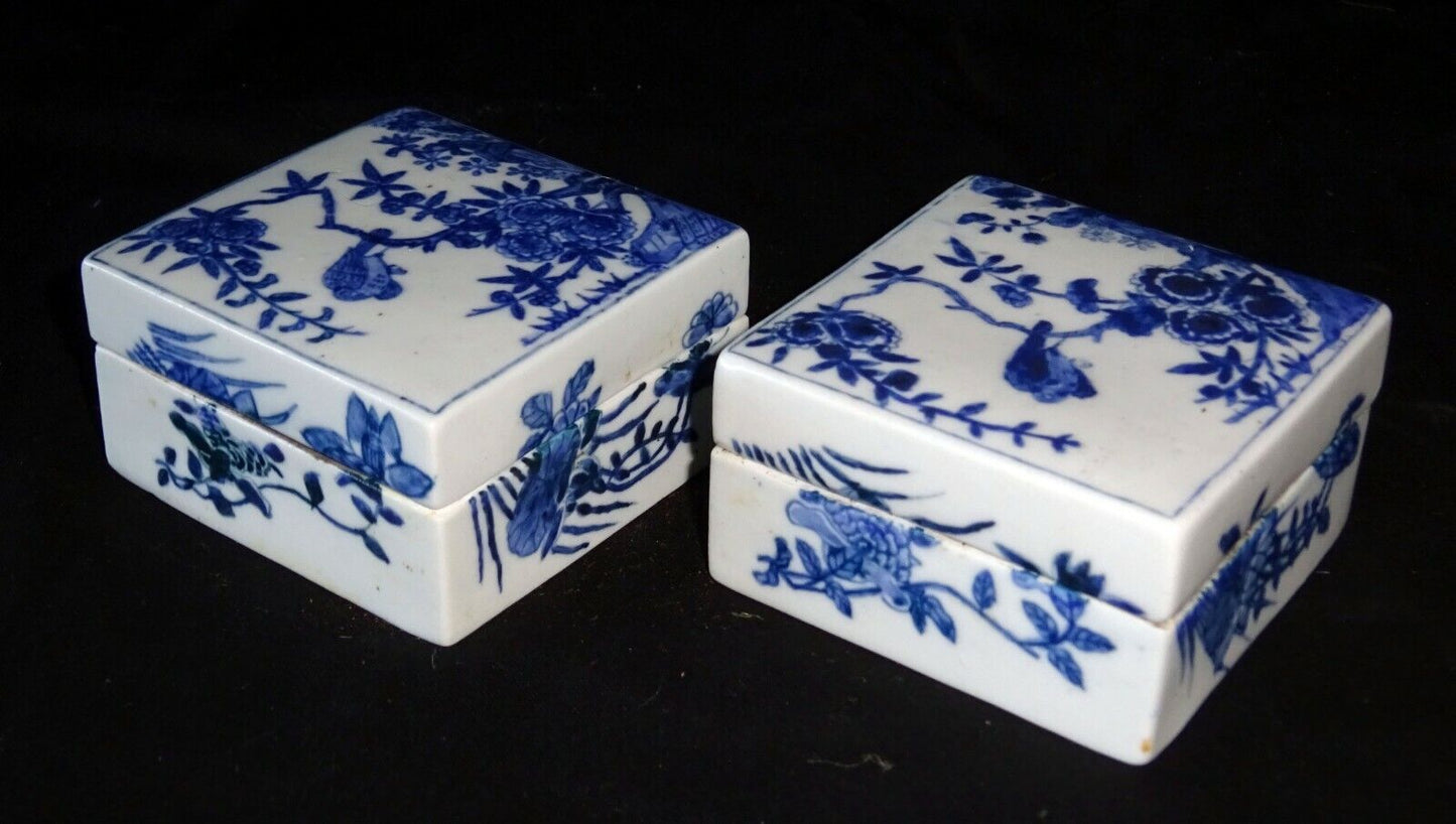 Pair 19C Chinese Blue & White Square Porcelain Boxes Bird & Flower Motif (HeN)