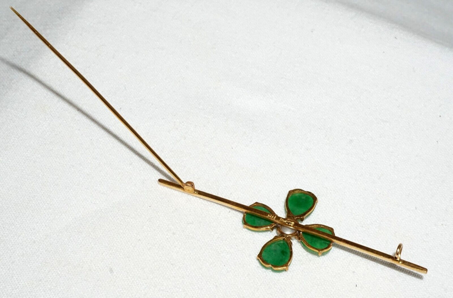 Vtg Chinese 18k Yellow Gold Four Leafed Clover Jadeite Jade & Pearl Brooch (InS)