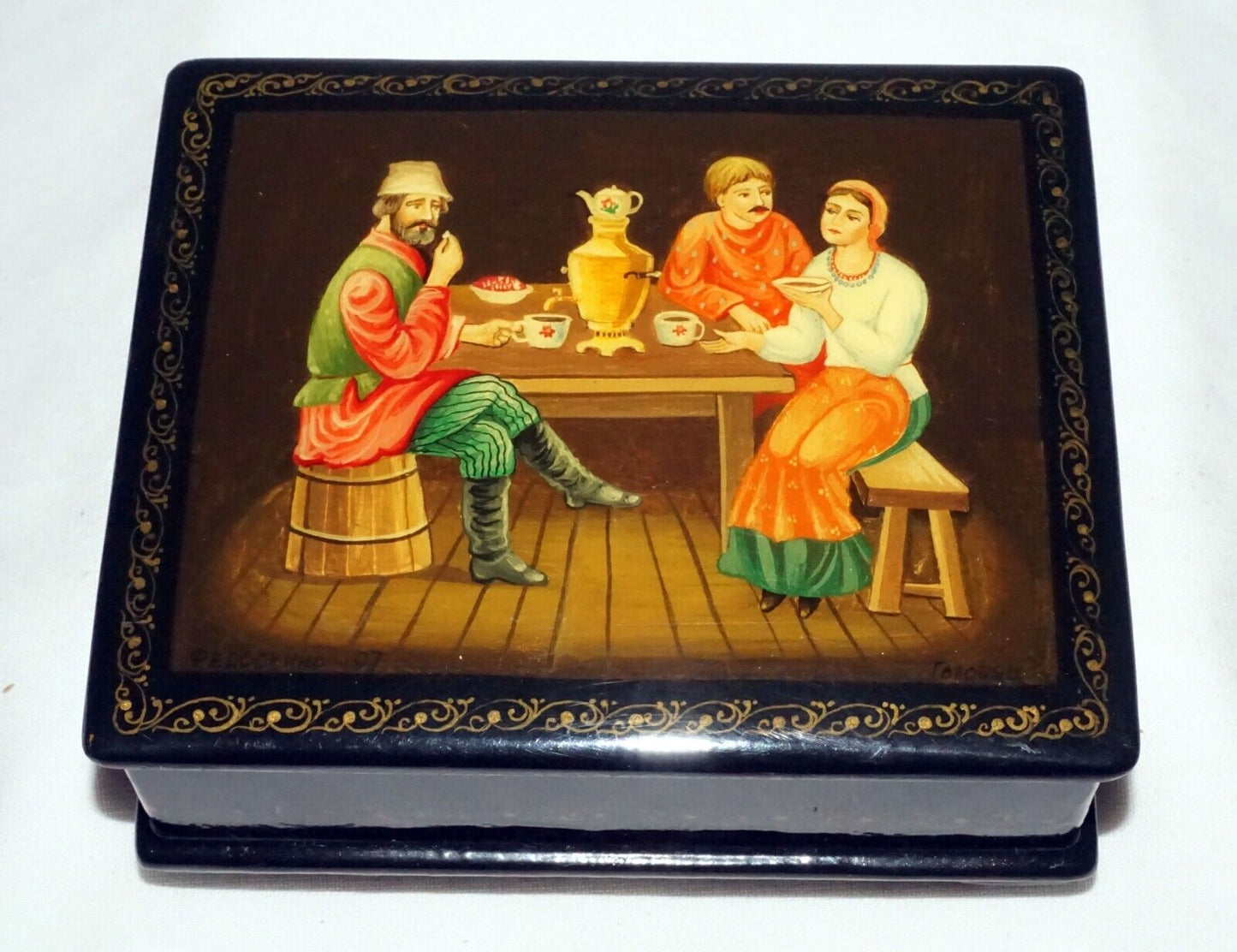 Vintage Russian Lacquer Box Three Figures Seated Around a Table signed (AHB)