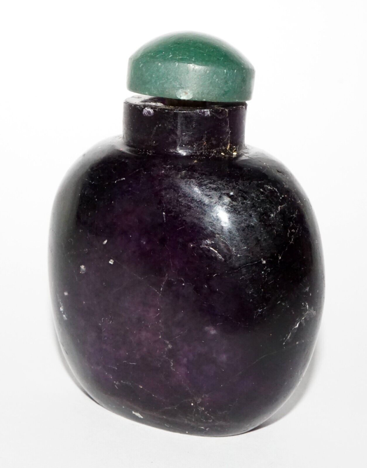 Vintage Chinese Dark Purple Fluorite Carved Snuff Bottle w. Green Stop (LeS) G8