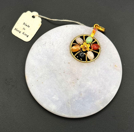 Chinese 14k Y Gold White Jadeite Open Cut Disk Pendant w Cabochon Accents (MeC)