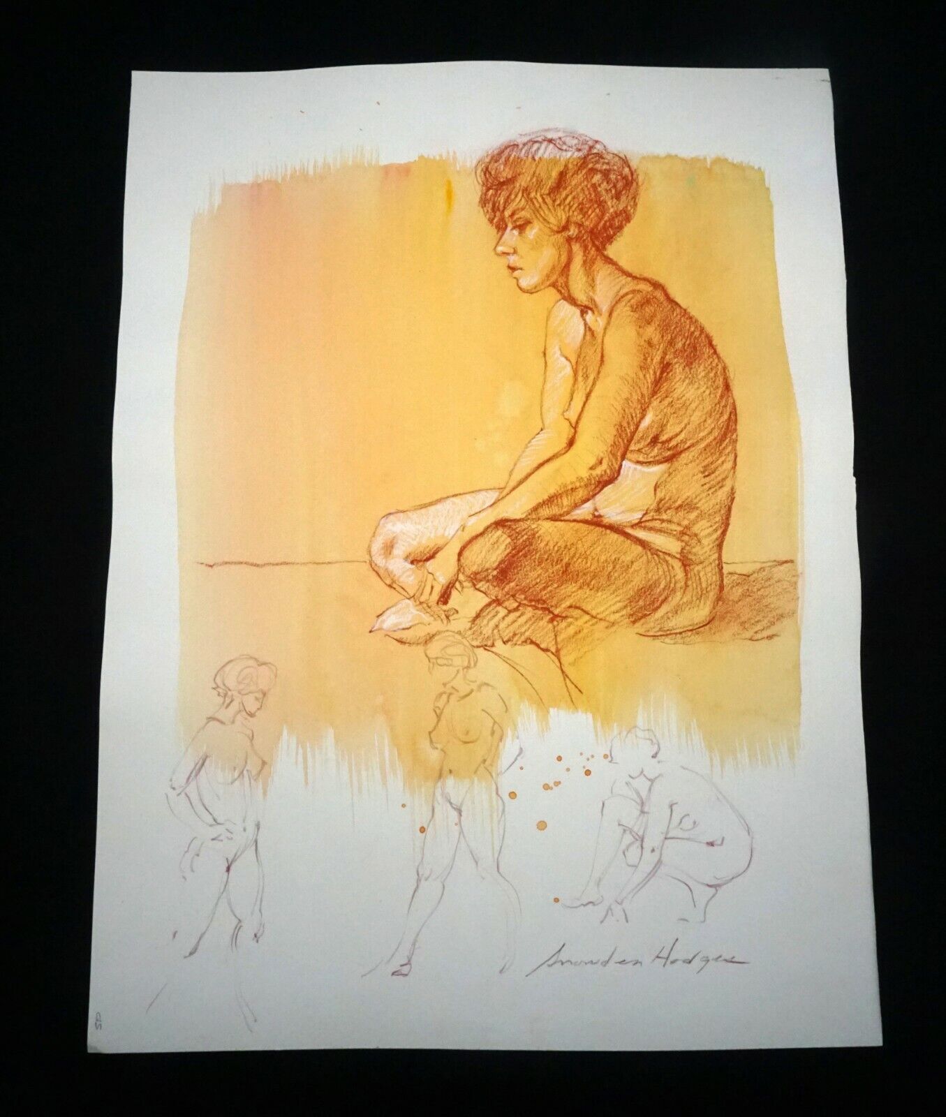 Hawaii Mixed Media Wash Painting Seated Female Nude Side Snowden Hodges(Sho)#129