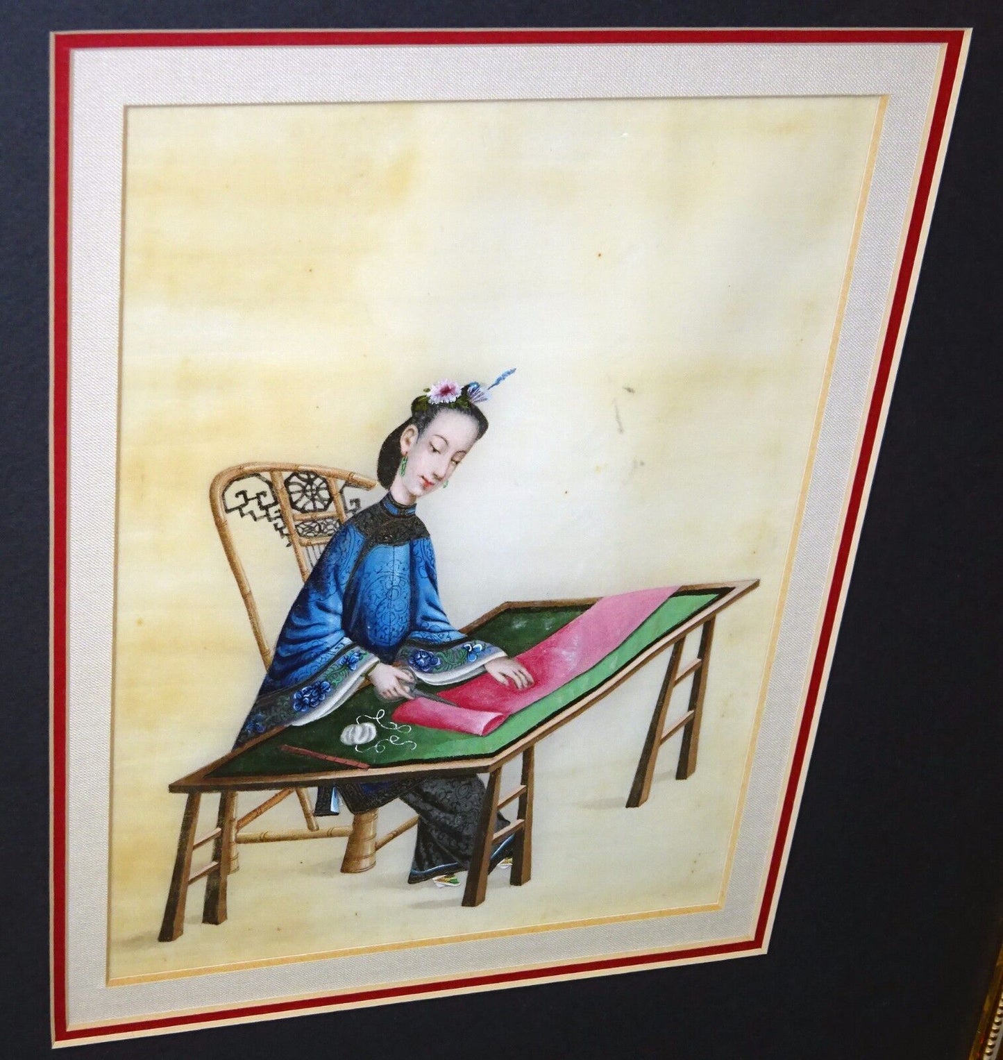 2x 19C Chinese Framed Qing WC Paintings on Pith of Seated Fine Ladies (Sul) G#1