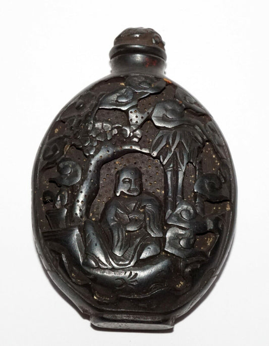 Vintage Chinese Black Lacquer Relief Carved Snuff Bottle Buddhist Motif (LeS) G1