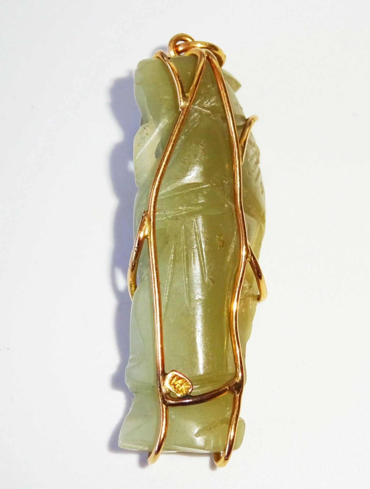 19C Chinese Nephrite Jade Carved 14K Yellow Gold Pendant God Long-life (FeO)#28