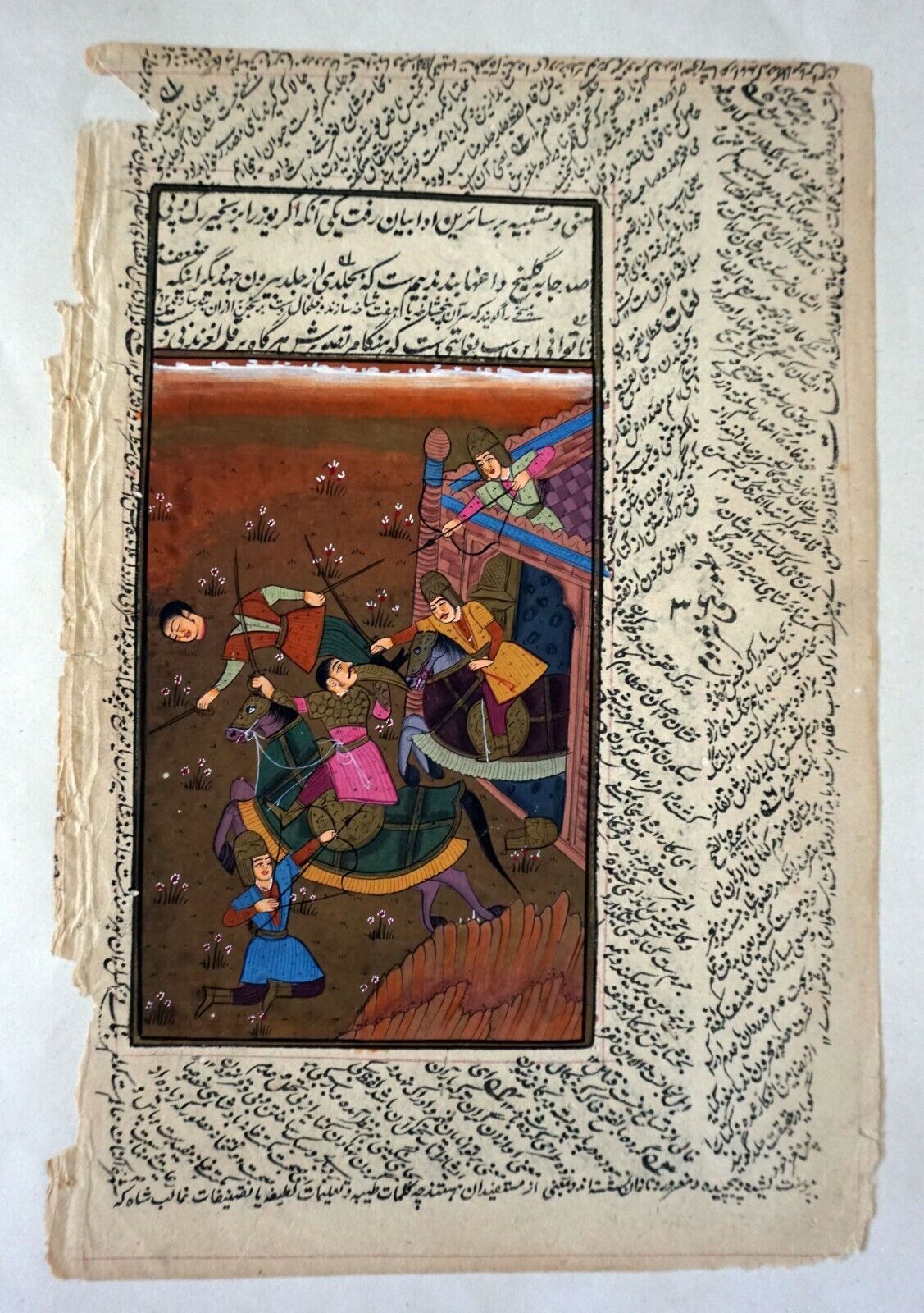 18/19C Indian Color War Scene Mogul Paintings on Book Page (NiT) #6