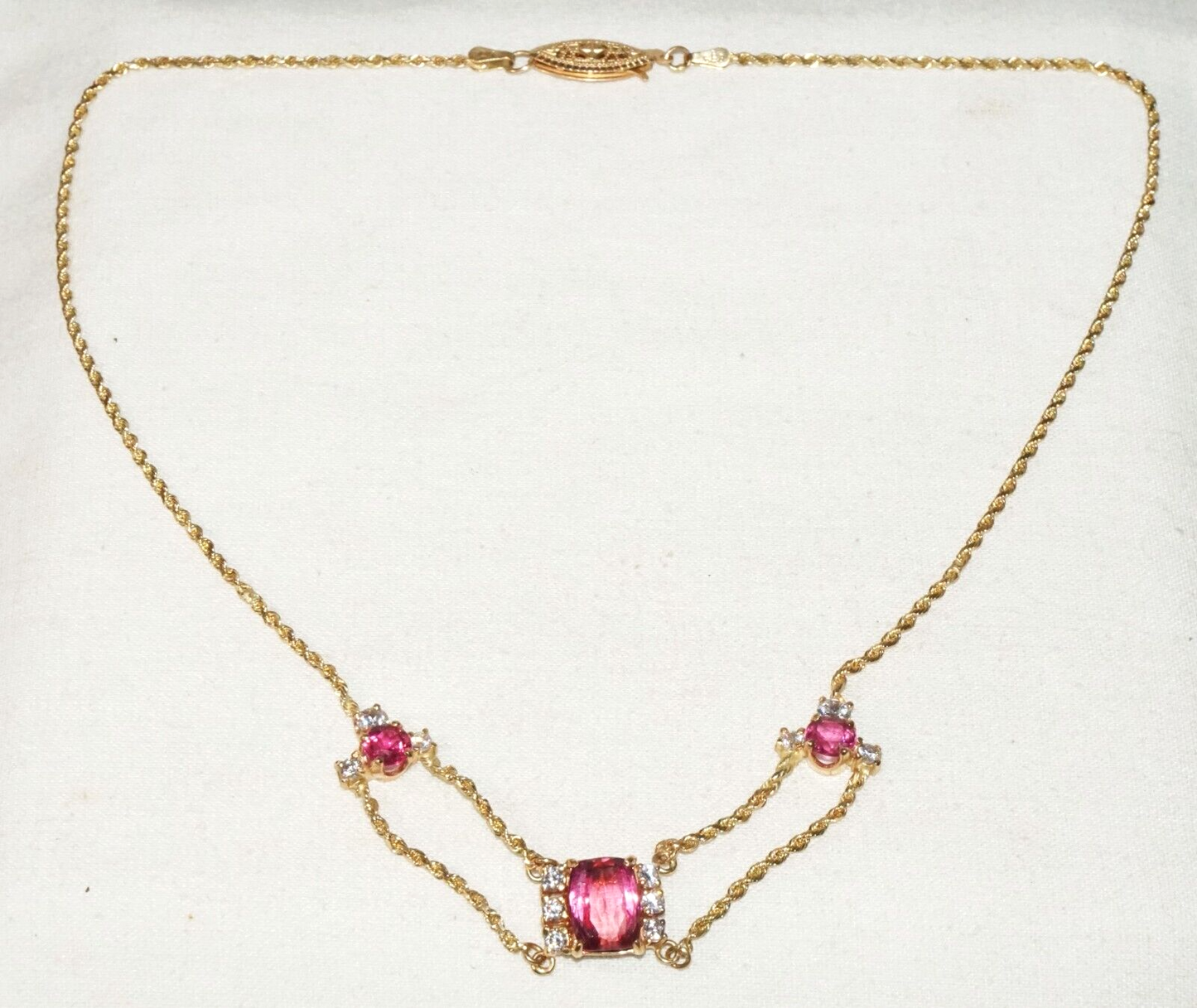 Vintage 14k Yellow Gold Rope Chain Necklace w. 3x Tourmalines & 12x CZ (GoB) #15