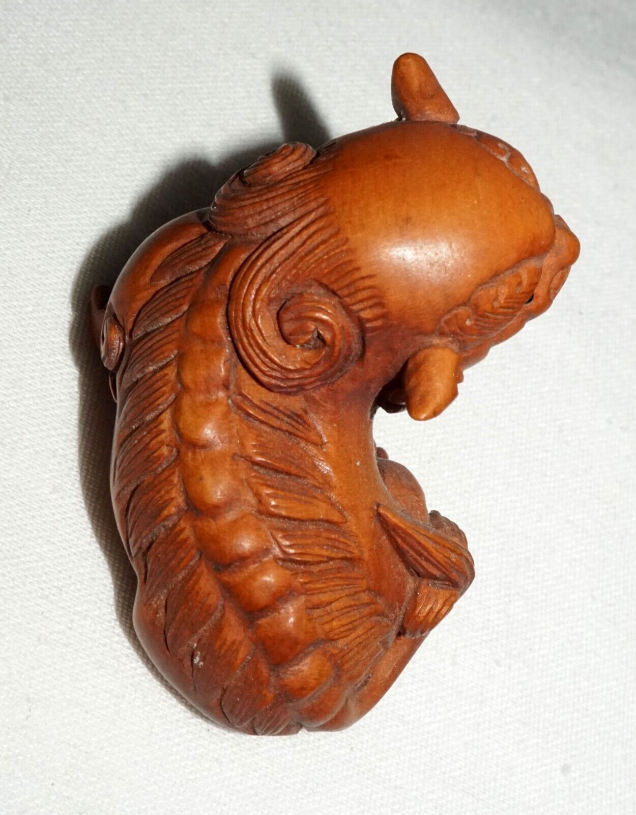 Vintage Japanese Wooden Carved Netsukes Lion Dog w. Ball Motif Signed (FeH