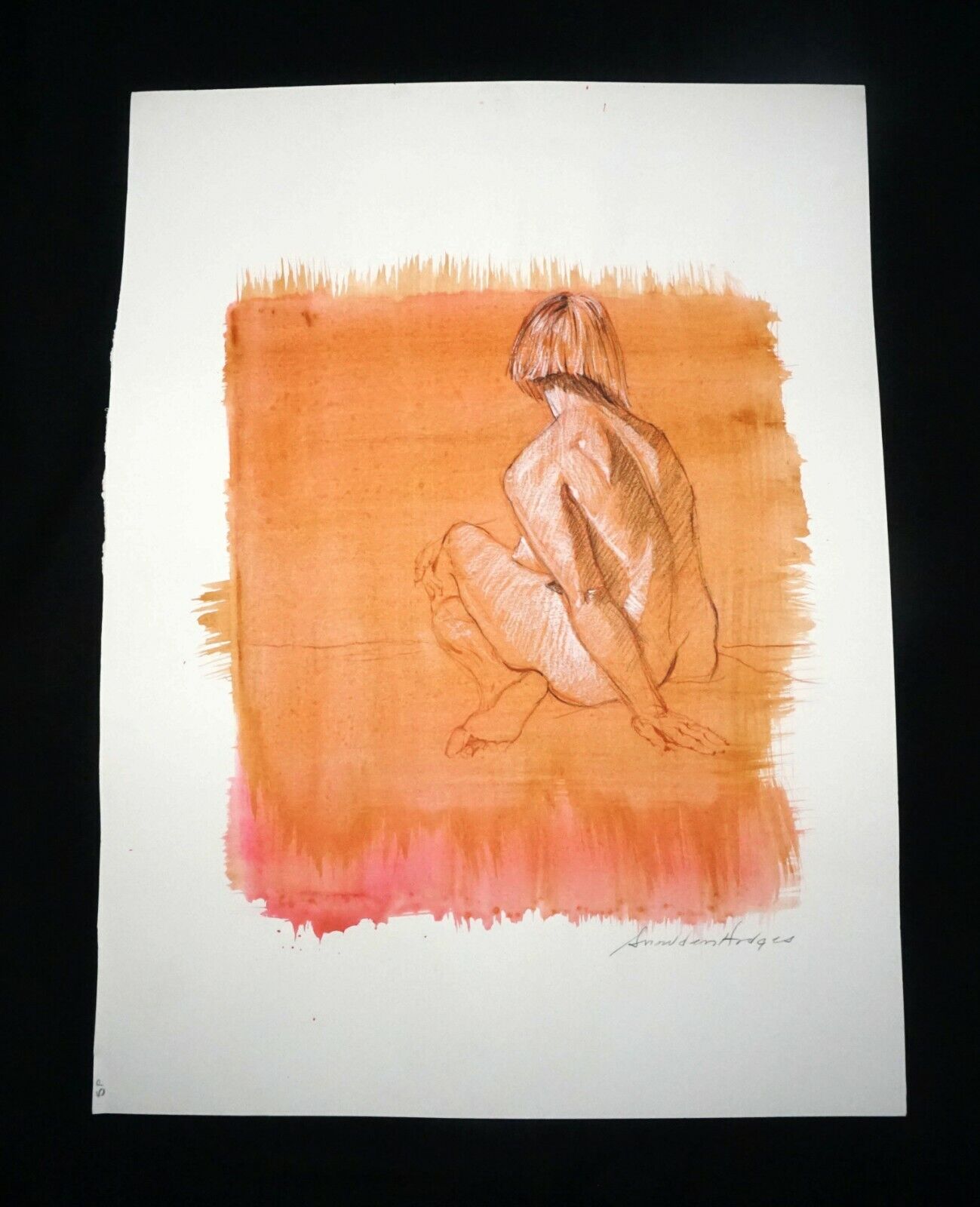 Hawaii Mixed Media Wash Painting Seated Female Nude Back Snowden Hodges(Sho)#144