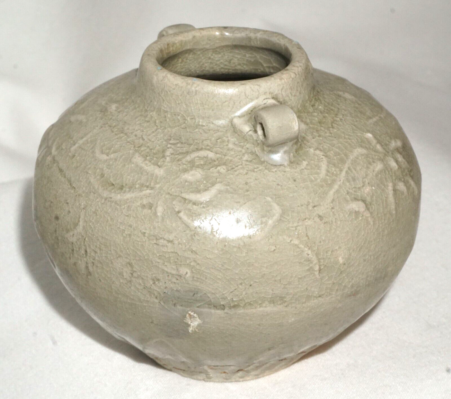 Chinese Song or Early Ming Pottery Jarlet Relief Floral Celadon (JSt)34 IC