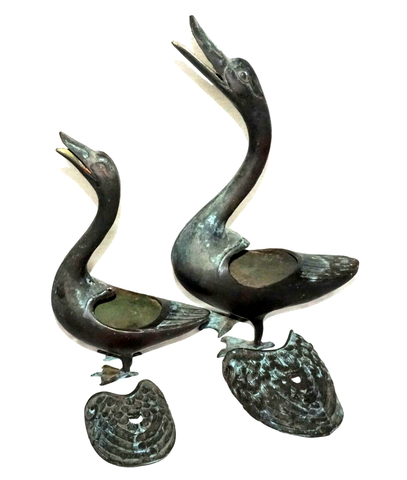 2Pc Chinese Bronze Incense Burners w. Squawking Geese Motif (NiC)