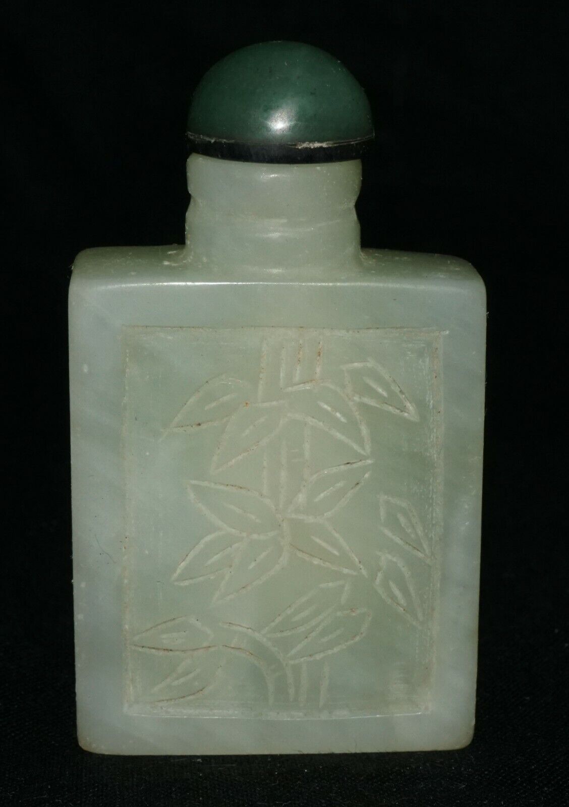 Vintage Chinese Jade Carved Snuff Bottle w. Bamboo Motif & Jade Stopper (LeS) G2