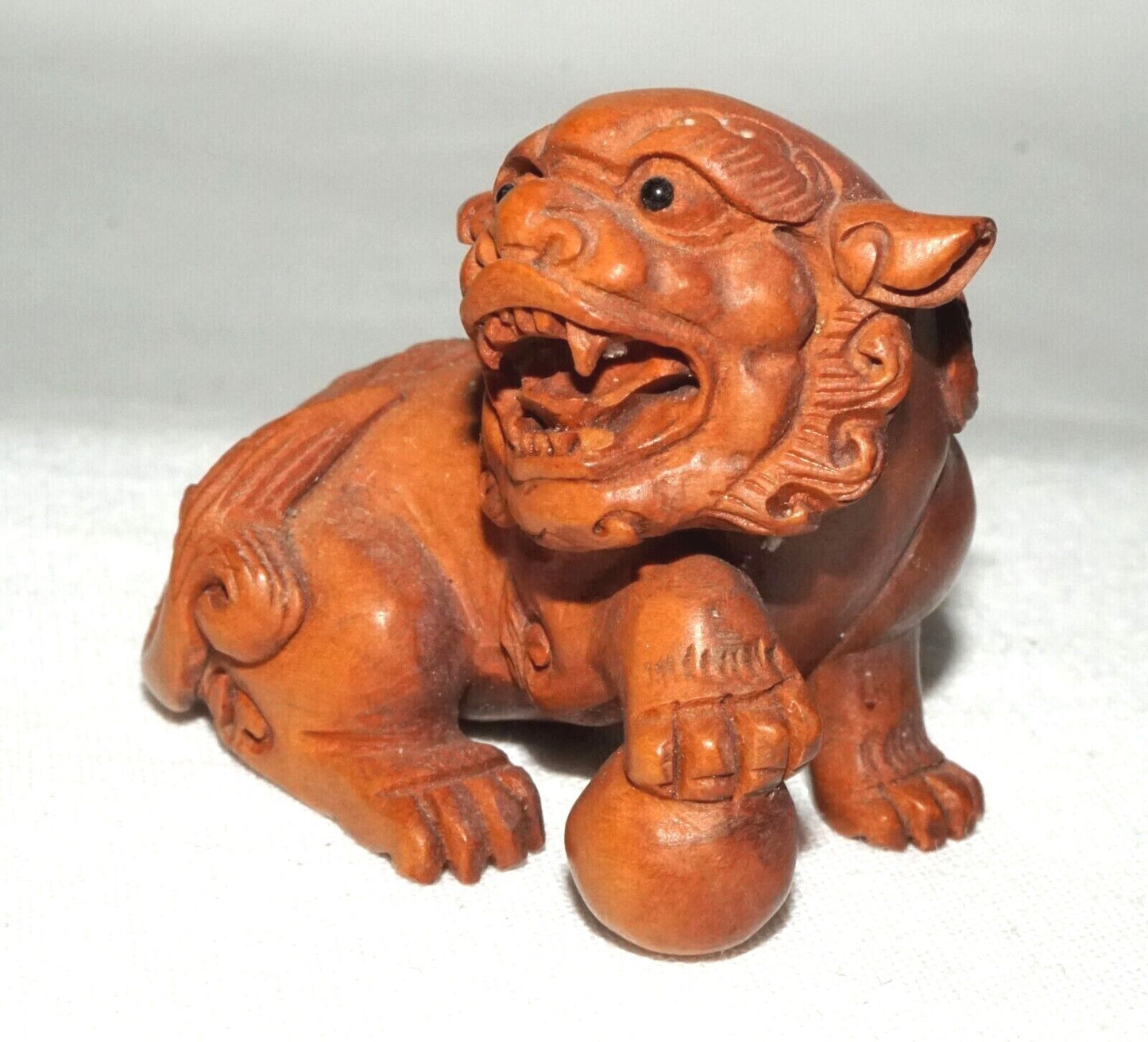 Vintage Japanese Wooden Carved Netsukes Lion Dog w. Ball Motif Signed (FeH