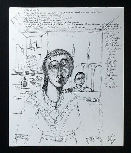 France HI Outsider Art Pen & Ink Painting Judaica Family Claude Vedel (EtJ)#48