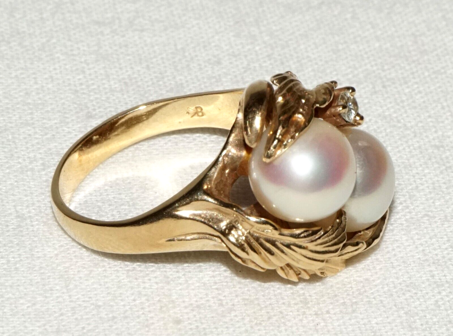 Vintage US 14k Yellow Gold Ring Sz.6.5 w. 2x Pearls & 1x Diamond Accent (FeD)