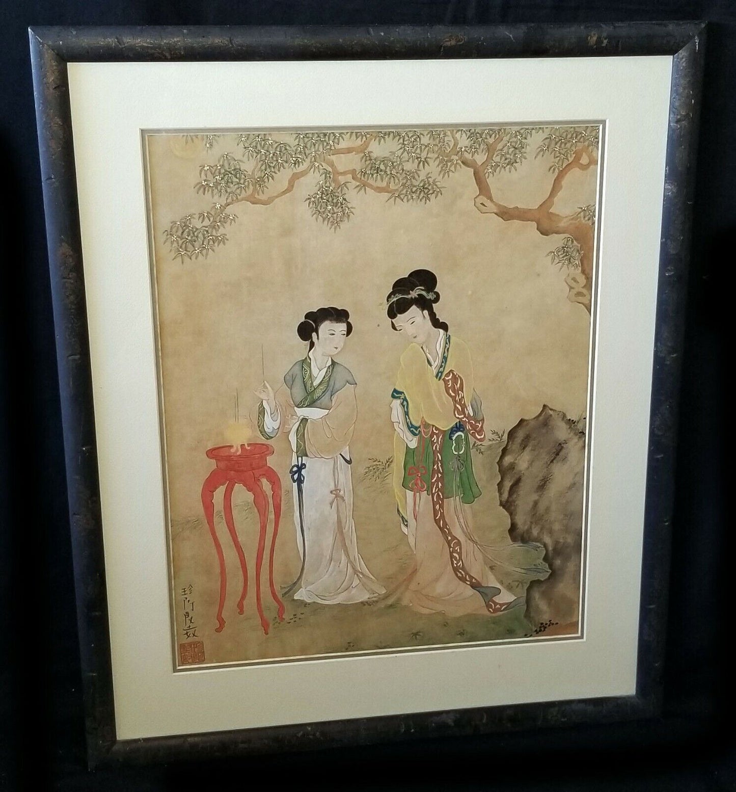 Vintage Chinese Framed Painting "Two Woman in a Garden" by Zhen O Jian Nu (WiR)