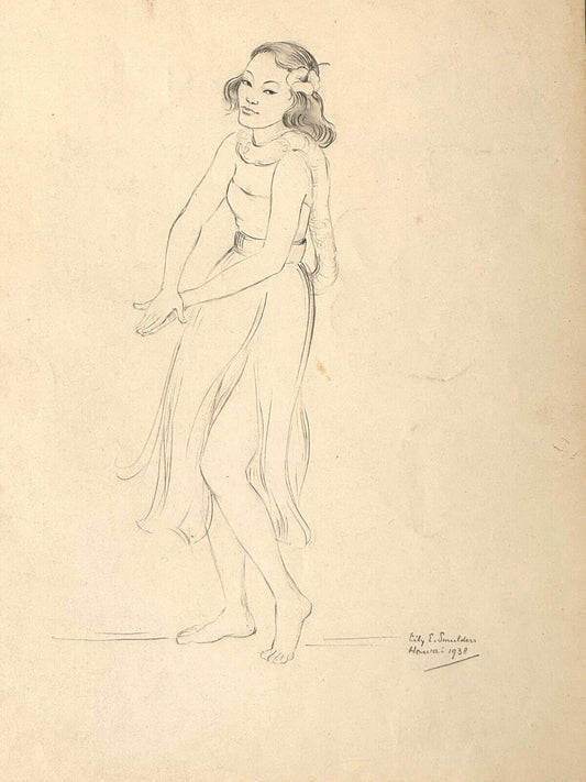 Vintage 1938 Pencil Drawing of Hawaiian Hula Dancer by Lily E. Smulders (KoR)