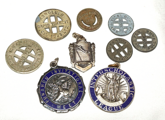 9Pc Hawaii Mixed Group of Punahou School Pendants & Old Transport Tokens (ChR)