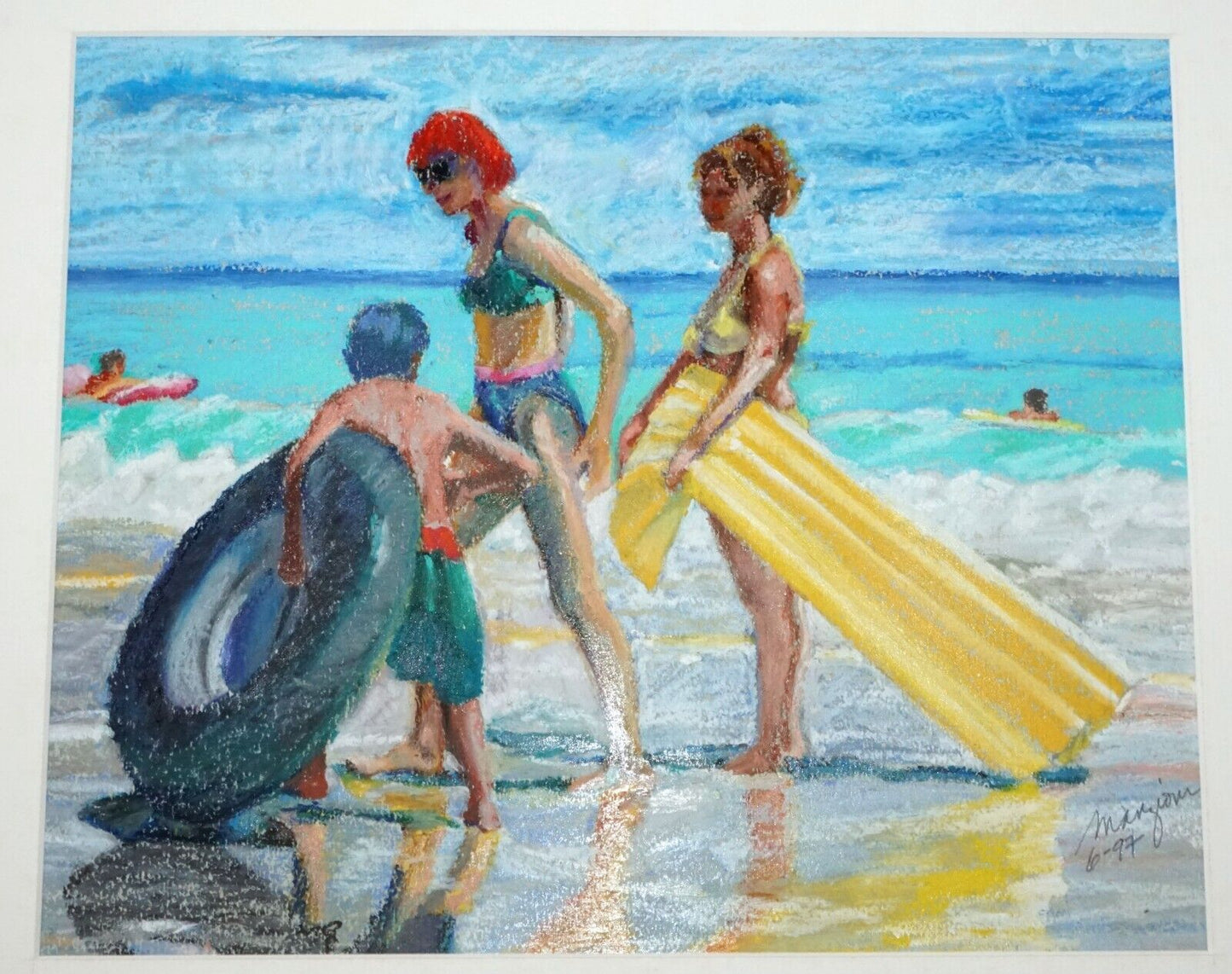 1997 Hawaii Oil Pastel Painting "Windward Beach Goers" by Ingrid Manzione (FeH)