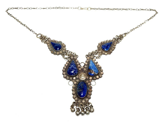 Vintage S.E. Asian Silver Tribal Necklace set w. 5x Lapis Accents (RoA) #1