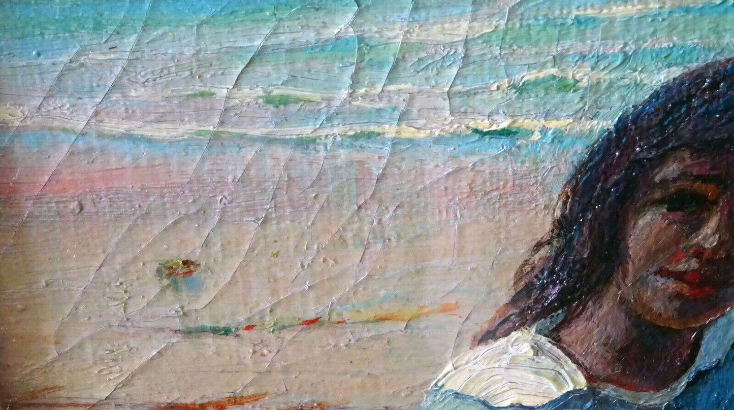 1920s Hawaii Oil Painting Young Girl on the Beach by D. Howard Hitchcock (BrB)