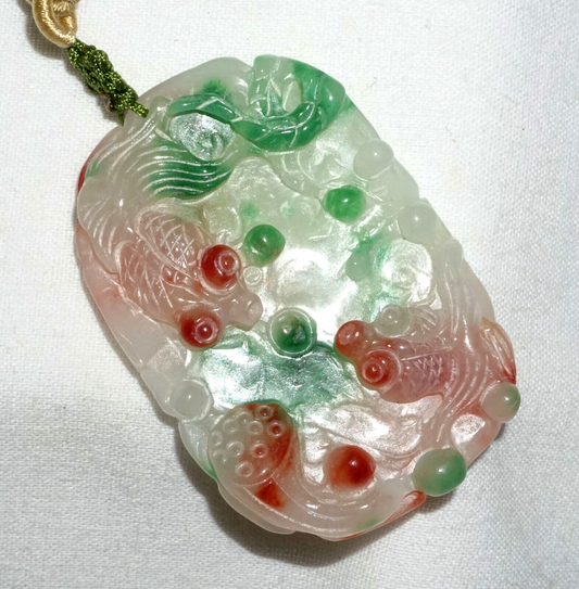 Vintage Chinese Semi Translucent Jadeite Jade Pendant w. Goldfish Motifs (---)