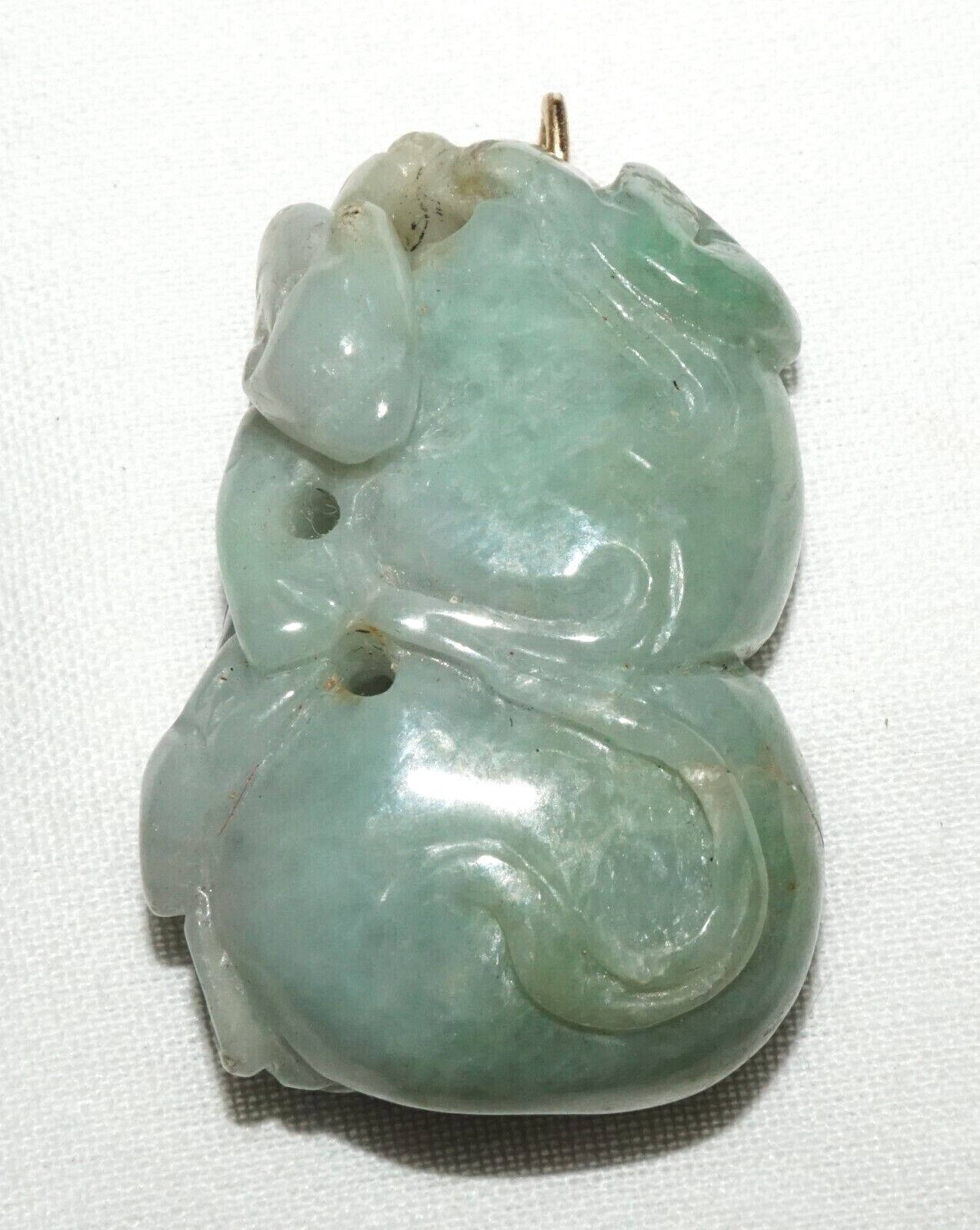 Vintage Chinese Double Gourd & Feline Motif Jadeite Jade Carved Pendant (AHB)