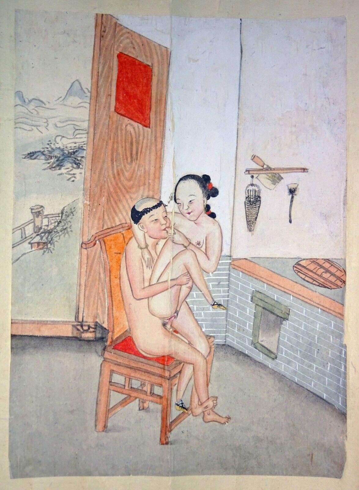 19C Chinese Erotic Pillow Color Paintings for Newly Married Couple (SoM)#6