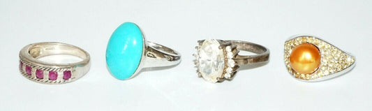 4x Vintage Sterling Silver Rings Sz.8 w. Pearl, Turquoise, Rubies & Cz (SaR)#425