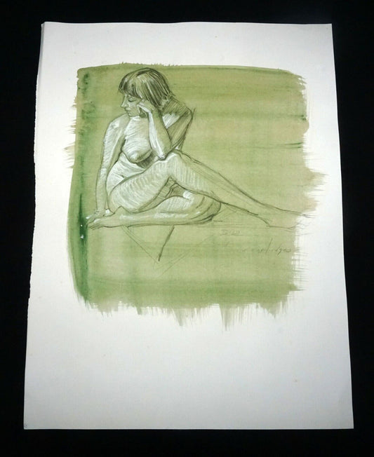 Hawaii Mixed Media Wash Painting Seated Female Nude Snowden Hodges (Sho)#117