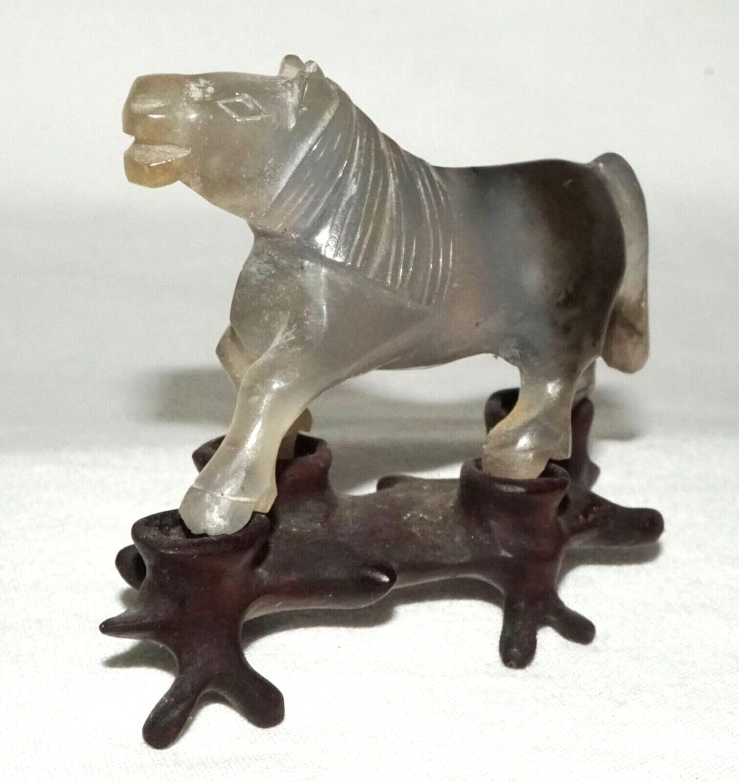 Vintage Chinese Gray & Purple Fluorite Carving Frolicking Horse on Stand (FeH)