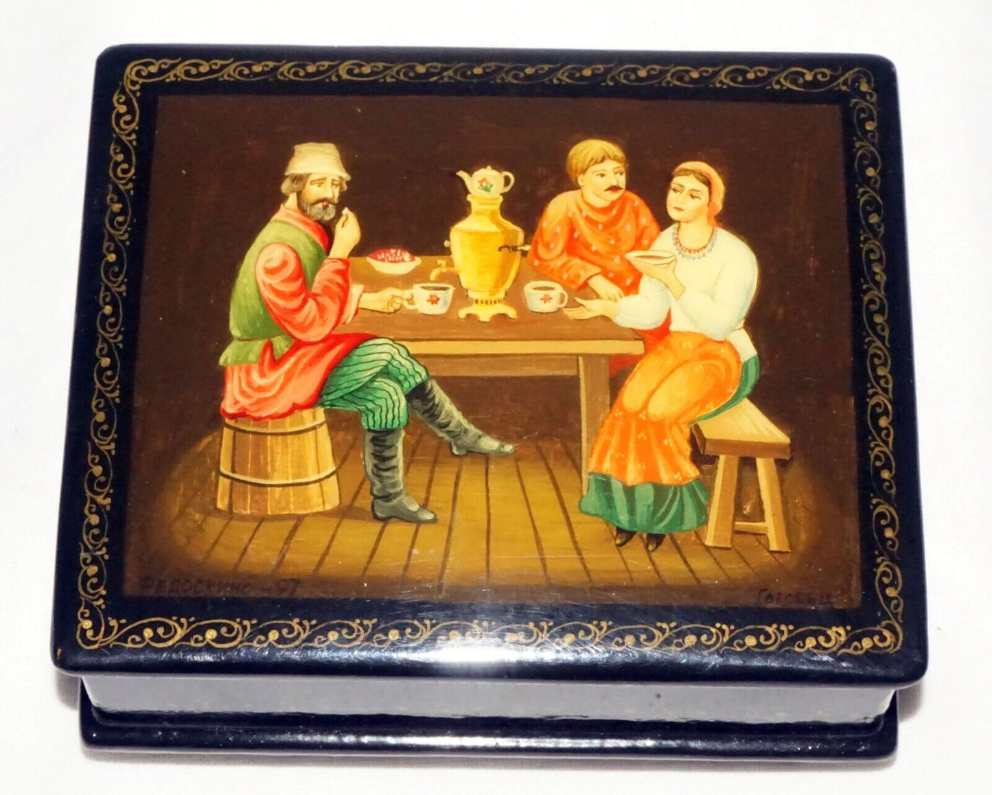 Vintage Russian Lacquer Box Three Figures Seated Around a Table signed (AHB)