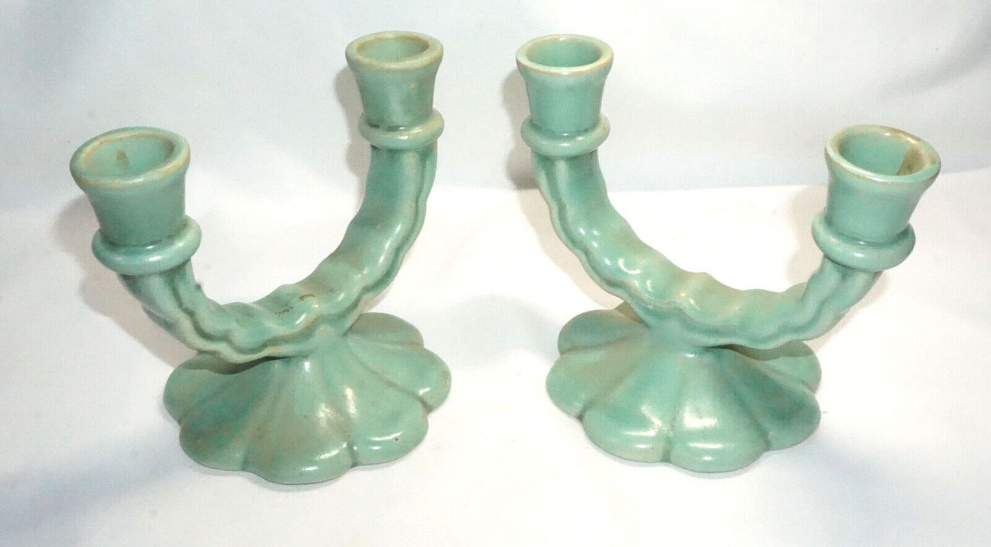 Vtg Pair Camark Pottery Light Aqua Teal Blue U-Shaped Dbl. Candleholders (NeW)