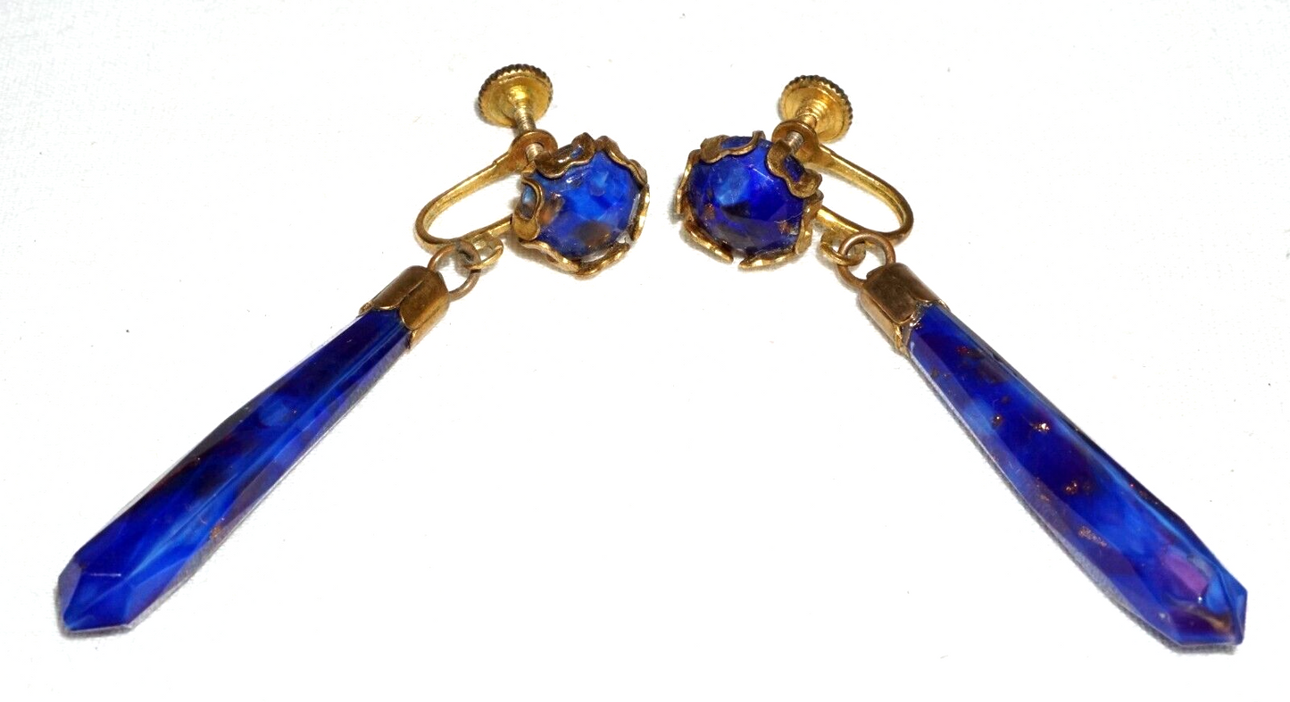 Vintage Yellow Gold Dangle Earrings set w. Blue & Gold Synthetic Accents (***)