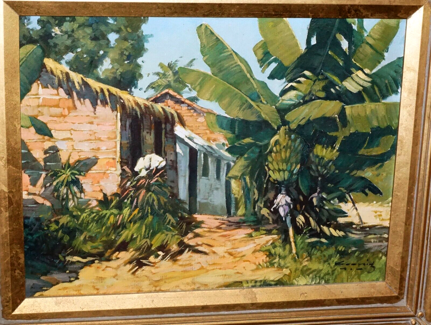 40s Brazil Island Oil Painting Grass Shacks & Bananas by Alfredo Koenig (New)