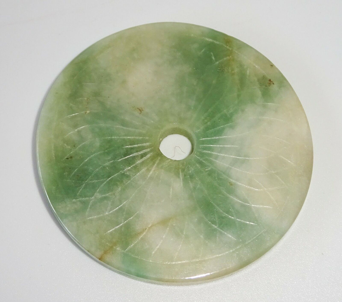 20C Chinese Jadeite Jade Incised Petal Motif Disk Carving (FeO) #37a