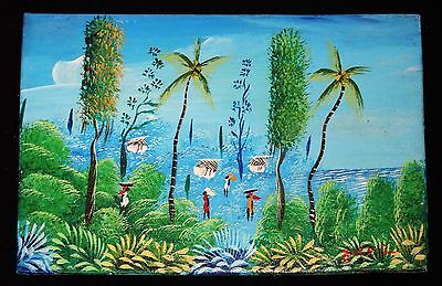 1980's Haitian Acrylic Mini Painting "Blue Village" by illegible signed (Stea)