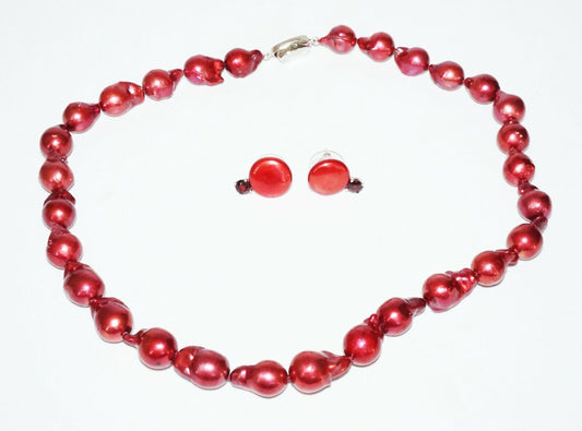 3Pc Chinese Sterling Silver Red Baroque Pearl Necklace & Earrings (SaR)#443