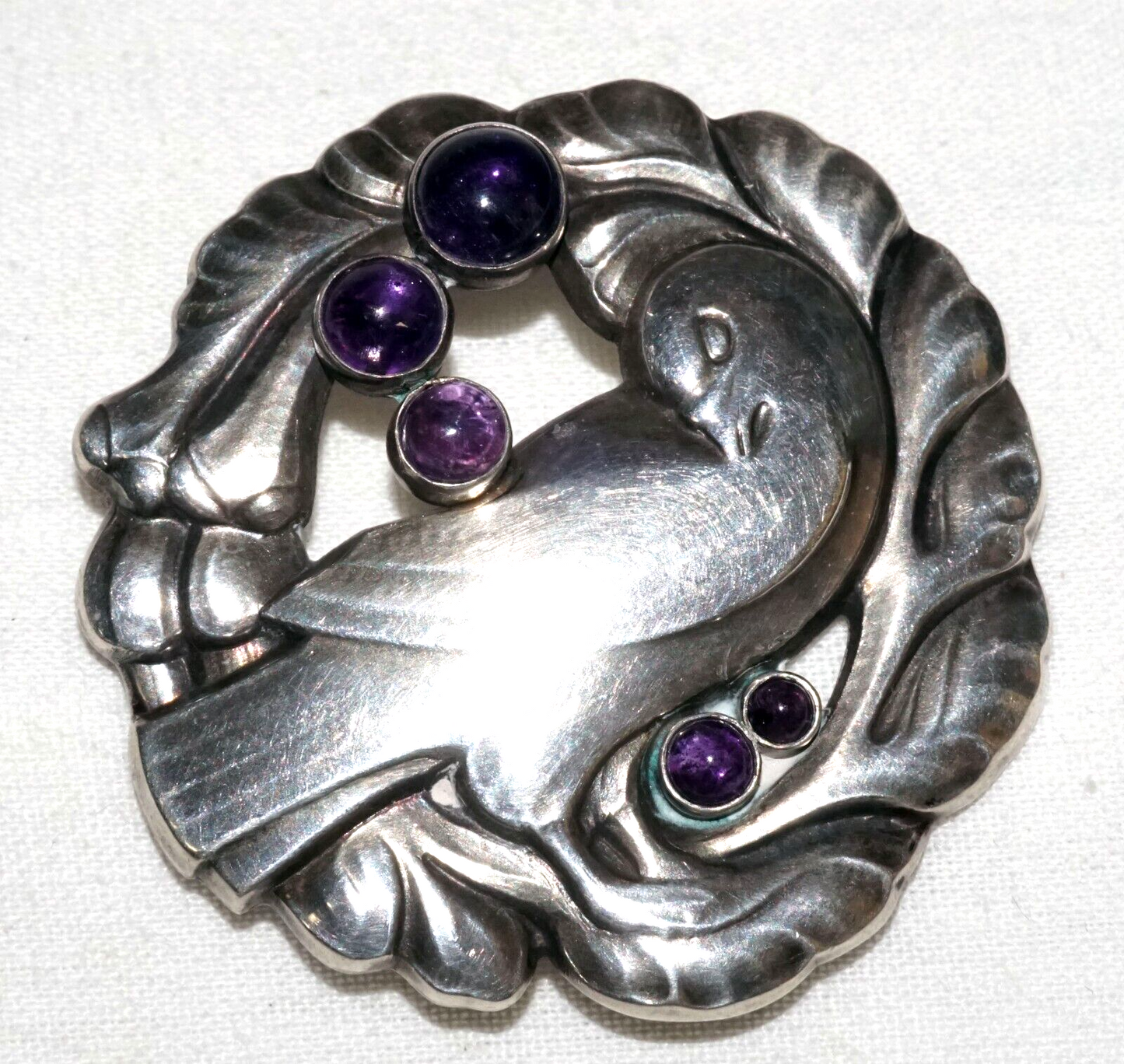 Vtg Denmark Sterling Silver & Amethysts Dove Brooch #123 Georg Jensen (KoS) L10