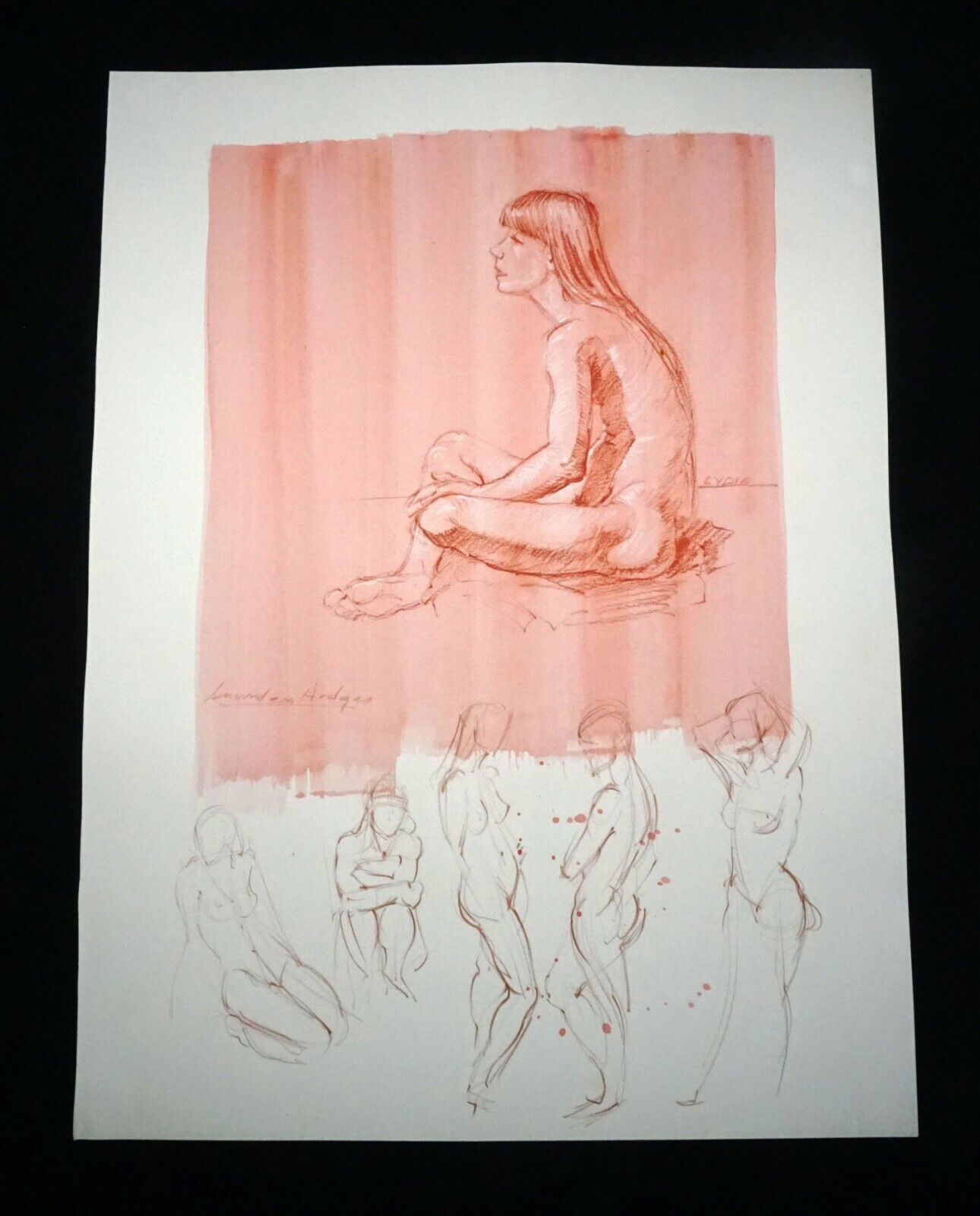 Hawaii Mixed Media Wash Painting Seated Female Nude by Snowden Hodges (Sho)#140